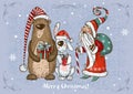 Christmas card with Santa Claus and winter animals bunny and teddy bear. Vector.