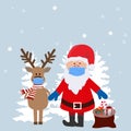 Christmas Card with Santa and His Deer Both Having Face Masks