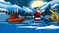 Christmas card Santa and reindeer cross the lake Royalty Free Stock Photo