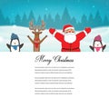 Christmas card with Santa, Reindeer, Penguins. Greeting card for winter holidays. Vector