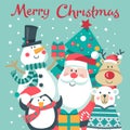 Christmas card with Santa, tree. snowman, deer and penguin.,