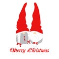 Christmas card with Scandinavian gnomes couple. Happy cute little gnomes in red hats, Merry Christmas text. Vector illustration Royalty Free Stock Photo