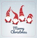 Christmas card with seasons greetings, cute little Christmas gnomes in red hats dancing - vector illustration