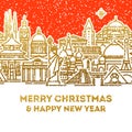 Christmas card with seasons greetings and snowy cityscape with worlds most popular tourist attractions