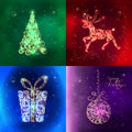 Christmas card set. Multicolored stylized cards with the image of Christmas tree, reindeer, Lettering merry Christmas