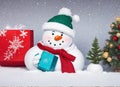 Christmas card in the shape of a snowman decorated with a green Christmas tree Royalty Free Stock Photo