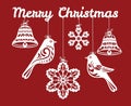 Christmas card. Silhouette for laser or paper cutting. White lace Birds, bells, snowflakes on red background. Royalty Free Stock Photo