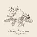 Christmas card with sketch mandarin, vanilla, cinnamon and spruce twigs. Hand drawing