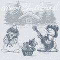 Christmas card with sketches of couple snowmen in love with gift basket