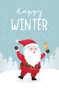 A Christmas card with a smiling Santa ringing a bell in a snowy forest. Winter landscape. Hand lettering - Happy winter. Cute flat Royalty Free Stock Photo