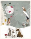 Christmas card with snow, animals, trees and the moon.