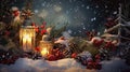 Christmas card with snow and candles. Winter holidays ornament and candles on the Xmas scene. Generated AI.