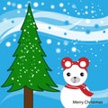 Christmas card. Snowbear and the Tree. winter background with snowflakes. Christmas illustration
