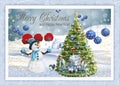 The Christmas Card, Snowman, Christmas Tre, Chistmas gift, Ball, Merry Christmas, Happy new Year, Iilustracion, Hollydays Royalty Free Stock Photo