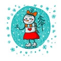 Cute little snowman girl. T-shirt prints. Family look. Christmas tree . Vector illustration