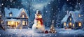 Christmas card with a snowman in front of snow-covered houses in the forest on Christmas night, AI generation Royalty Free Stock Photo