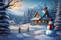 Christmas card with a snowman in front of snow-covered houses in the forest on Christmas night, AI generation Royalty Free Stock Photo