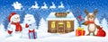 Christmas card with Snowman holding envelope with wish list, deer with gift boxes and Santa`s workshop against winter forest