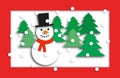 Christmas card with snowman, christmas trees and snowflakes with a wide red frame and drop shadow or cut out effect