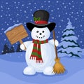 Christmas card with snowman and winter landscape. Royalty Free Stock Photo