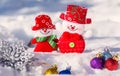 Christmas card with snowmen boy and girl with Christmas toys. A pair of snowmen smiling against the background of snow