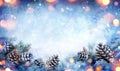 Christmas Card - Snowy Fir Branch With Pine Cones Royalty Free Stock Photo