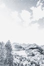 Christmas card with snowy mountains landscape in winter, monochrome photograph for art prints and printable design