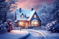 Christmas card with a snowy shining house in the forest at sunset, fabulous magical atmosphere of Christmas. Image. Generation AI