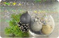 Christmas card: spruce branches, cones and Christmas balls in a vase Royalty Free Stock Photo