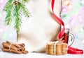 Christmas card with tea, cookies and cinnamon Royalty Free Stock Photo