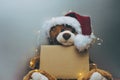 Christmas card with Teddy bear holding a place for text and other Christmas decor light garland Royalty Free Stock Photo