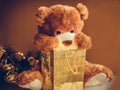 Christmas card with Teddy Bear opening gift and holiday decoration Royalty Free Stock Photo
