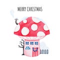 Christmas card template with cute winter mushroom houses, snow cap and snowy trees. Hand drawn Christmas wallpaper vector