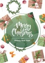 Christmas card template design. Flyer, poster with gift boxes, wreath in retro style. Merry Christmas and Happy New Year Royalty Free Stock Photo