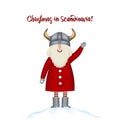 Christmas card template. Smiling cartoon happy Santa stands in snowdrift