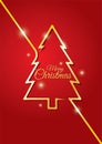 Minimalist christmas card with golden lines shaping christmas tree on red background