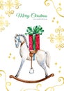 Christmas card template with toy horse. Hand painted watercolor illustration with vintage x-mas gifts and golden foil