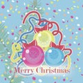 Christmas square card with three color pink, yellow and blue glass Christmas balls with snowflakes with red bows, confetti and Royalty Free Stock Photo