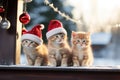 Christmas card three cute red kittens in hats on winter snowy porch. Royalty Free Stock Photo