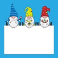 Christmas card. Three gnomes with blank sign Royalty Free Stock Photo