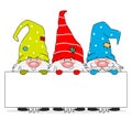 Three gnomes with blank sign Royalty Free Stock Photo