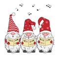 Christmas card. Three gnomes singing.