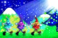 Christmas card, three santa's elves in the forest