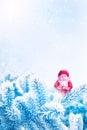 Christmas card. Toy Santa in fir snow branches. Winter snowy background. Banner format. Royalty Free Stock Photo