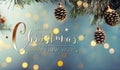 Christmas card with tree branches and pine cones. Merry Xmas background with lights on blue snowy surface. Generative Ai Royalty Free Stock Photo