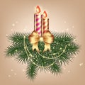 Christmas card with tree and golden candles with a bow and ornaments Royalty Free Stock Photo