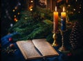 Christmas card with two burning candles, an open notebook with notes and a pen Royalty Free Stock Photo