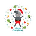 Christmas card unique hand drawn style. Cute funny cartoon Christmas dog. Royalty Free Stock Photo