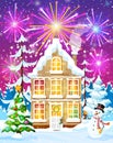 Christmas Card with Urban Landscape and Fireworks. Royalty Free Stock Photo