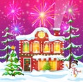 Christmas Card with Urban Landscape and Fireworks. Royalty Free Stock Photo